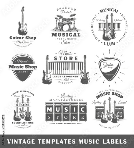 Set of vintage musical labels templates. Elements for design. Vector illustration 