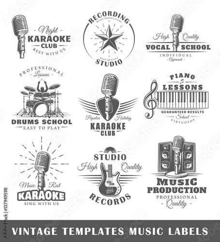 Set of vintage musical labels templates. Elements for design. Vector illustration 