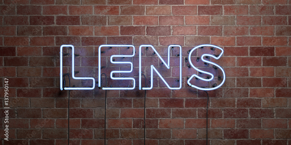 Fototapeta premium LENS - fluorescent Neon tube Sign on brickwork - Front view - 3D rendered royalty free stock picture. Can be used for online banner ads and direct mailers..