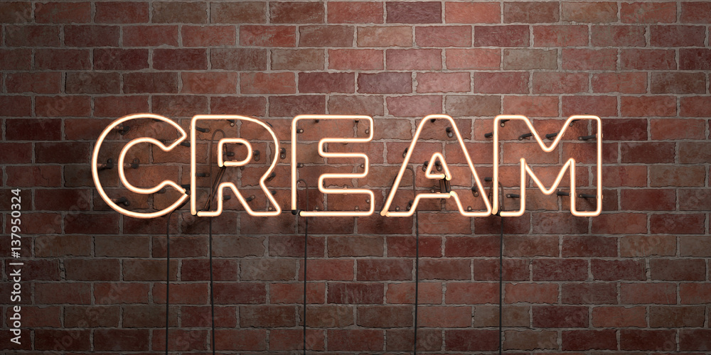 Obraz premium CREAM - fluorescent Neon tube Sign on brickwork - Front view - 3D rendered royalty free stock picture. Can be used for online banner ads and direct mailers..