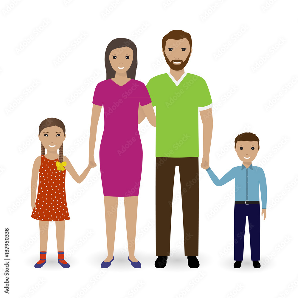 Family people standing together. Father, mother, son and daughter isolated on a white background.