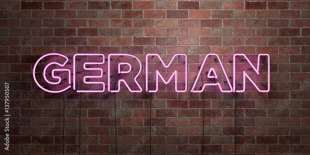 Obraz premium GERMAN - fluorescent Neon tube Sign on brickwork - Front view - 3D rendered royalty free stock picture. Can be used for online banner ads and direct mailers..