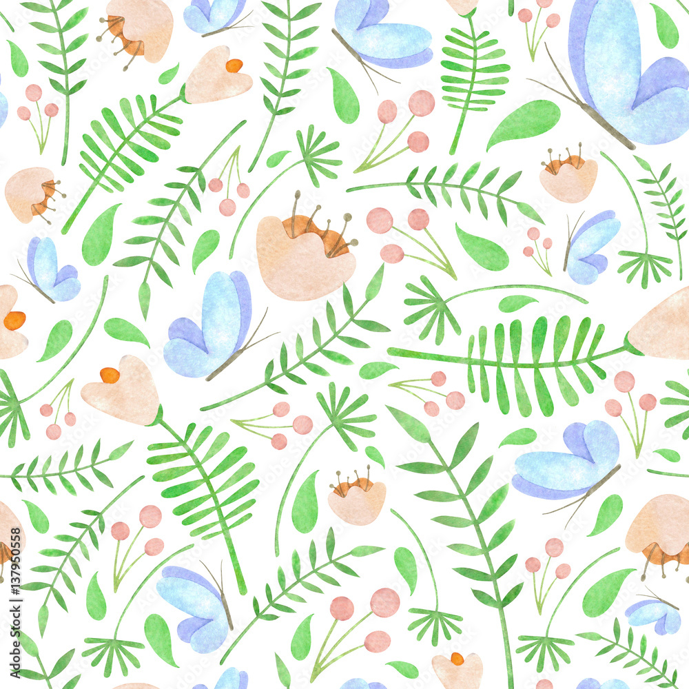 Fototapeta Watercolor floral pattern with blue butterflies green leaves red berries and orange flowers on white background