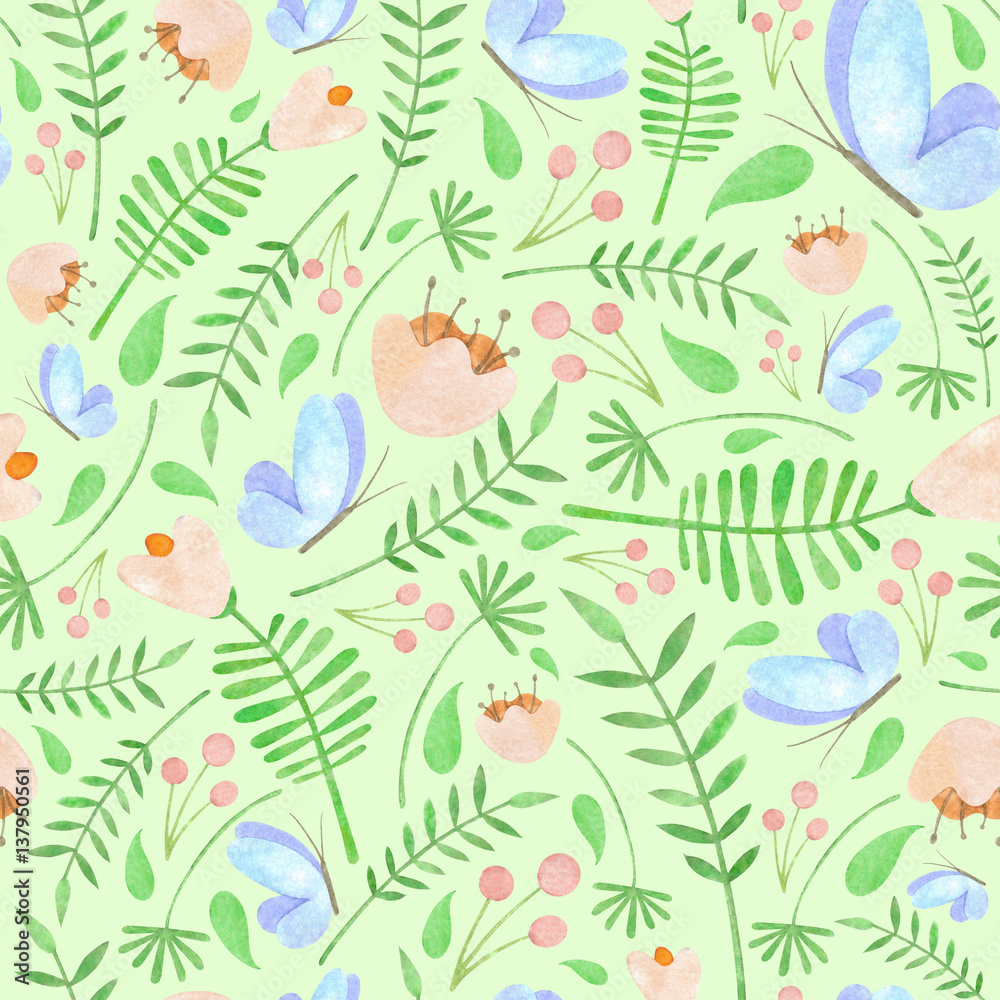 Watercolor floral pattern with blue butterflies green leaves berries and orange flowers on light green background