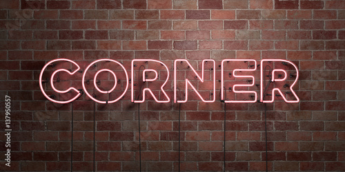 CORNER - fluorescent Neon tube Sign on brickwork - Front view - 3D rendered royalty free stock picture. Can be used for online banner ads and direct mailers..