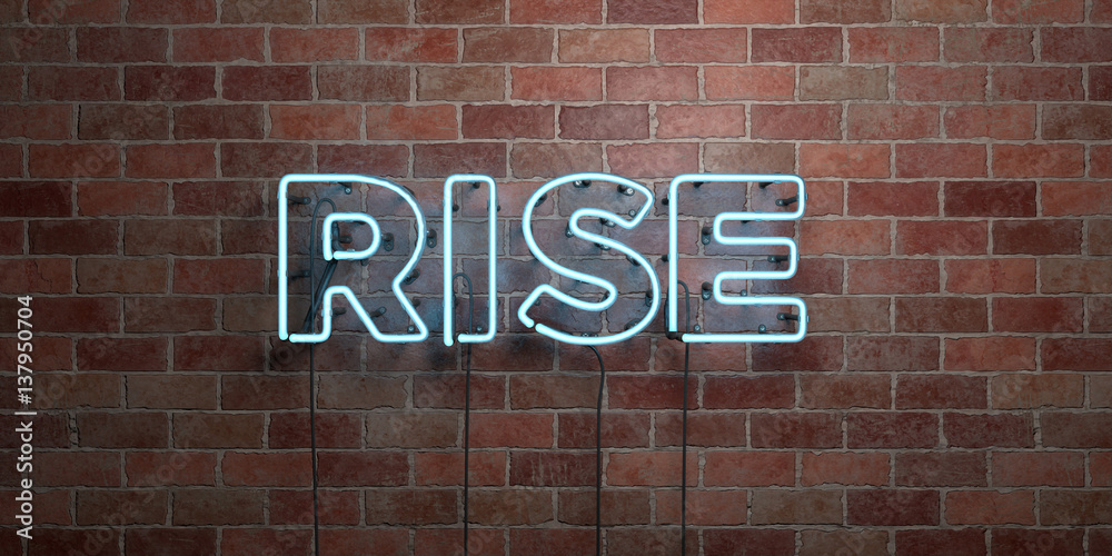 RISE - fluorescent Neon tube Sign on brickwork - Front view - 3D rendered royalty free stock picture. Can be used for online banner ads and direct mailers.. RISE - fluorescent Neon tube Sign on brickwork - Front view - 3D rendered royalty free stock picture. Can be used for online banner ads and direct mailers..