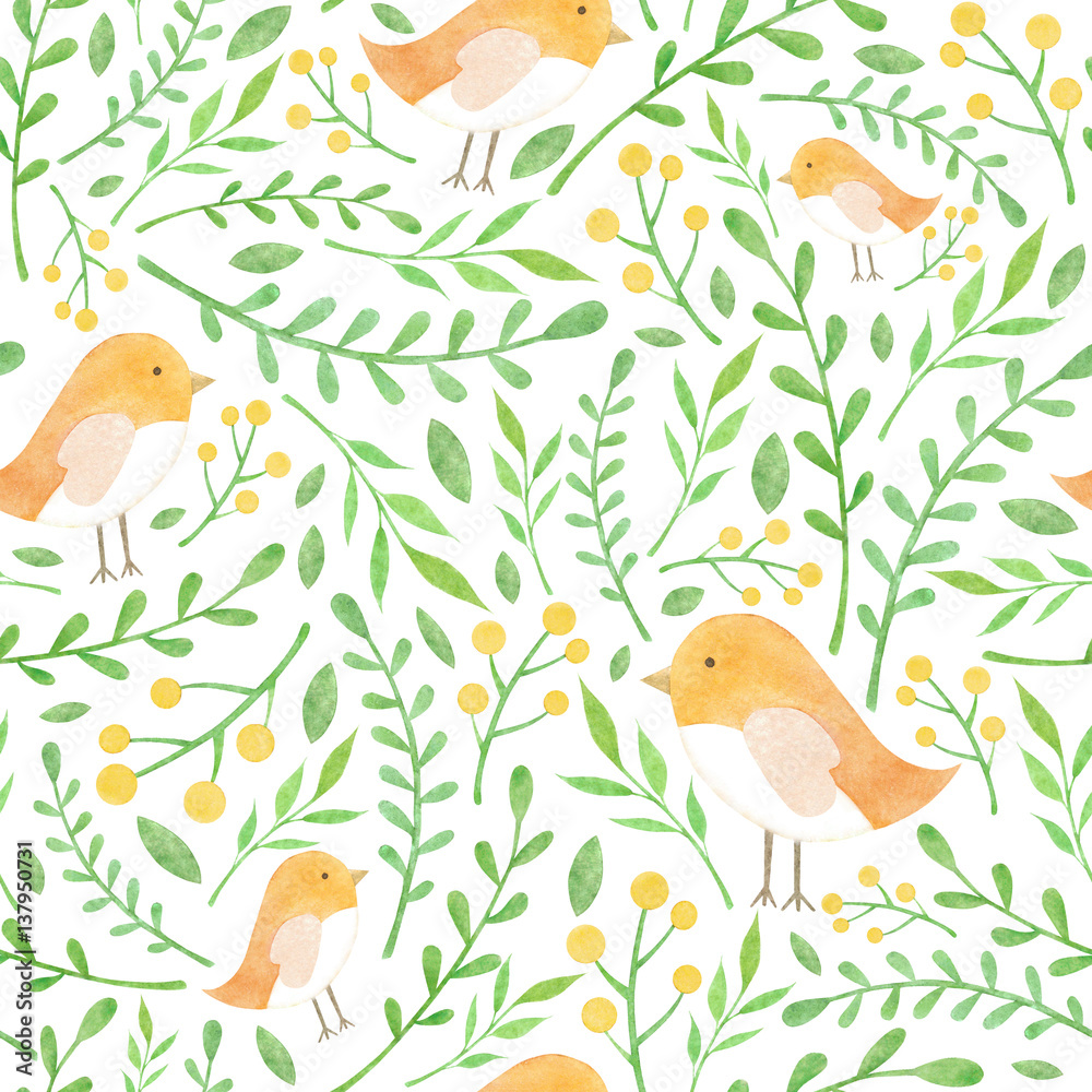 Watercolor floral pattern with yellow birdies and berries green leaves on white background
