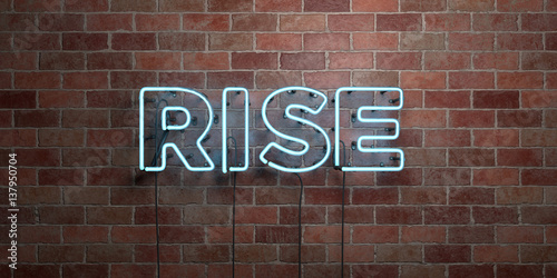 RISE - fluorescent Neon tube Sign on brickwork - Front view - 3D rendered royalty free stock picture. Can be used for online banner ads and direct mailers..