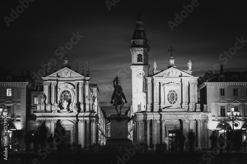 Turin (Torino), Italy - February 15, 2017: Piazza San Carlo royal square in Turin at night - black and white version