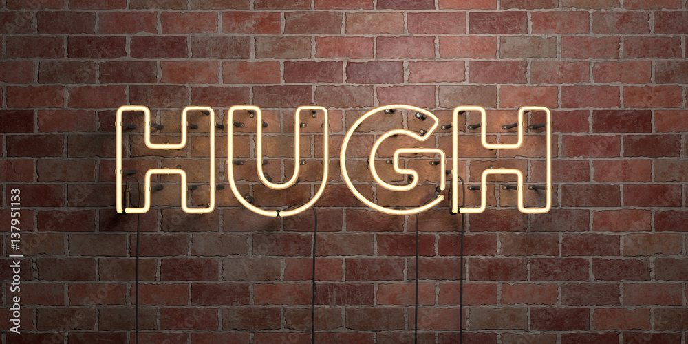 HUGH - fluorescent Neon tube Sign on brickwork - Front view - 3D rendered royalty free stock picture. Can be used for online banner ads and direct mailers.. HUGH - fluorescent Neon tube Sign on brickwork - Front view - 3D rendered royalty free stock picture. Can be used for online banner ads and direct mailers..