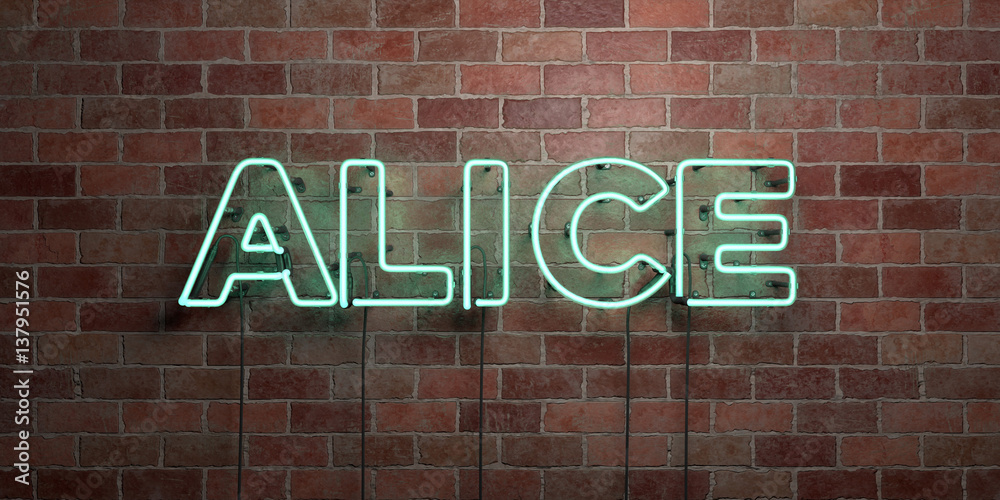 ALICE - fluorescent Neon tube Sign on brickwork - Front view - 3D rendered royalty free stock picture. Can be used for online banner ads and direct mailers.. ALICE - fluorescent Neon tube Sign on brickwork - Front view - 3D rendered royalty free stock picture. Can be used for online banner ads and direct mailers..