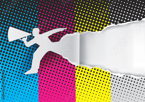 Promotion Man ripped paper with print colors.
Paper male silhouette advertises color printing with megaphone.Place for your text or image. Vector illustration.