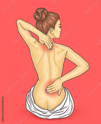 Pop art beautiful young woman with back pain