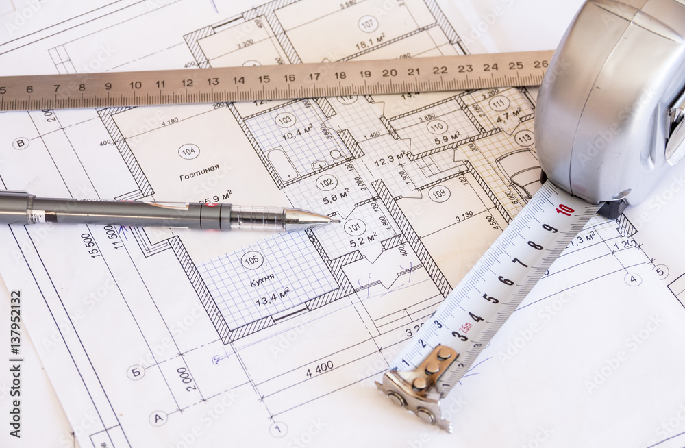Architectural drawings and tools of the new apartments