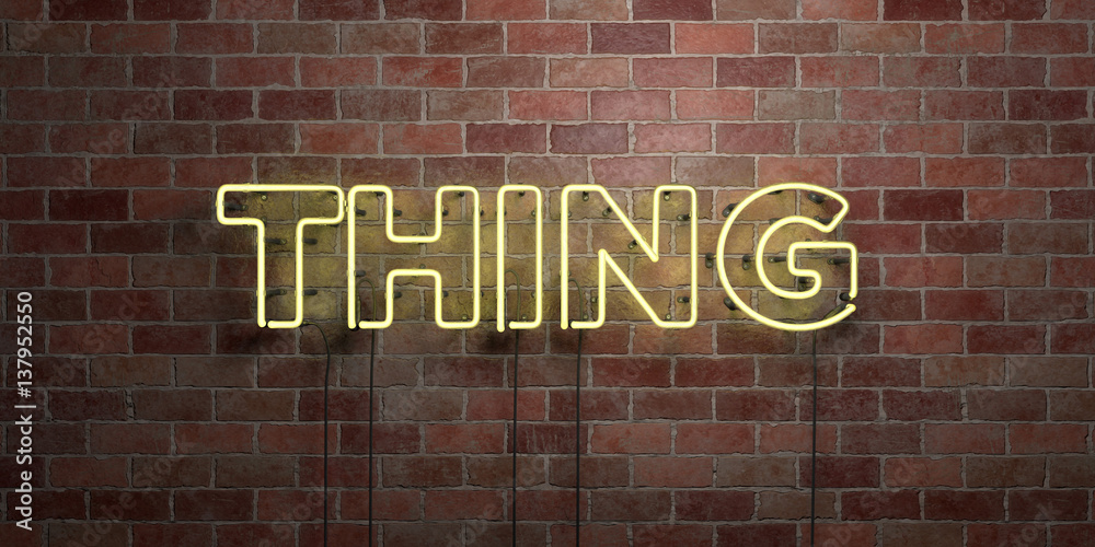 Fototapeta premium THING - fluorescent Neon tube Sign on brickwork - Front view - 3D rendered royalty free stock picture. Can be used for online banner ads and direct mailers..