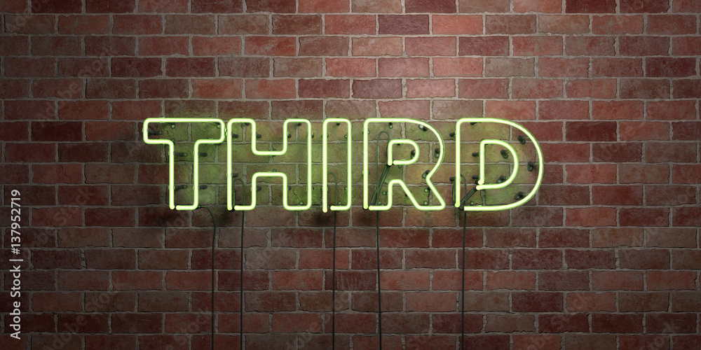THIRD - fluorescent Neon tube Sign on brickwork - Front view - 3D rendered royalty free stock picture. Can be used for online banner ads and direct mailers.. THIRD - fluorescent Neon tube Sign on brickwork - Front view - 3D rendered royalty free stock picture. Can be used for online banner ads and direct mailers..