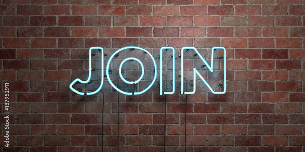 Fototapeta premium JOIN - fluorescent Neon tube Sign on brickwork - Front view - 3D rendered royalty free stock picture. Can be used for online banner ads and direct mailers..