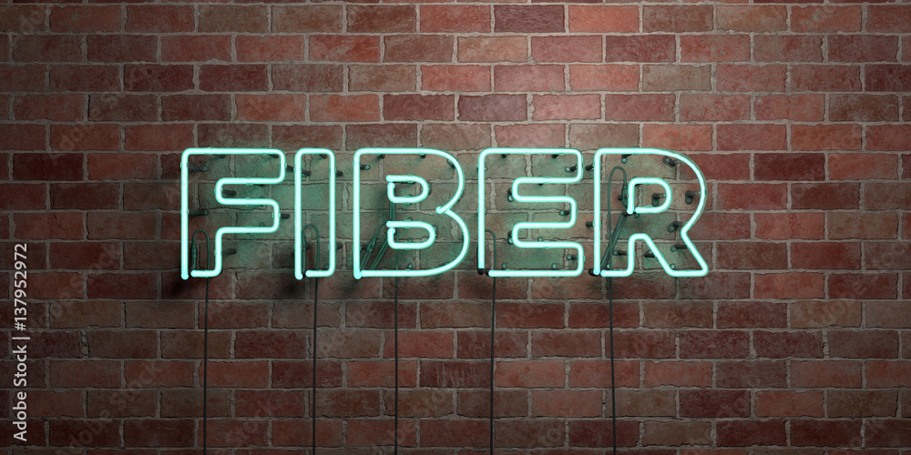 Obraz premium FIBER - fluorescent Neon tube Sign on brickwork - Front view - 3D rendered royalty free stock picture. Can be used for online banner ads and direct mailers..