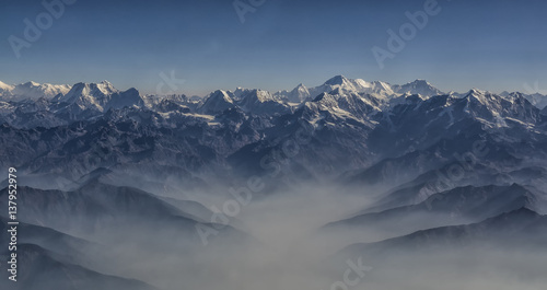 Everest Peak and Himalaya Everest mountain range panorama - Himalayas mountains Everest range panorama aerial view