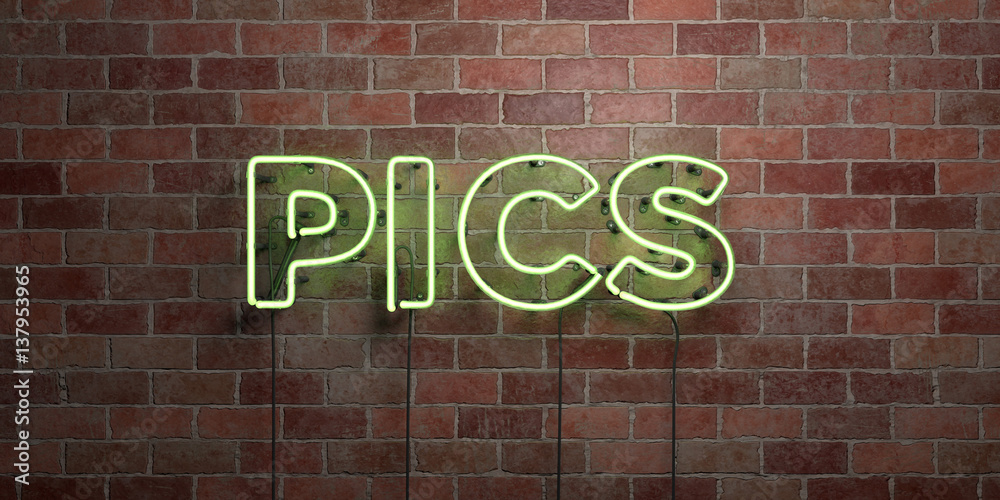Obraz premium PICS - fluorescent Neon tube Sign on brickwork - Front view - 3D rendered royalty free stock picture. Can be used for online banner ads and direct mailers..