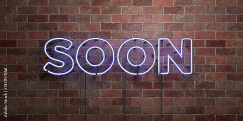 SOON - fluorescent Neon tube Sign on brickwork - Front view - 3D rendered royalty free stock picture. Can be used for online banner ads and direct mailers..