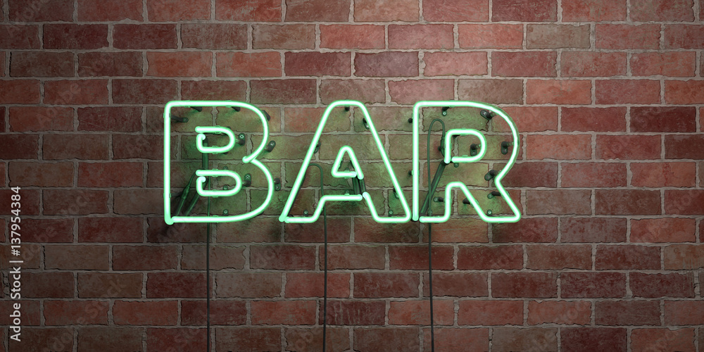 Obraz premium BAR - fluorescent Neon tube Sign on brickwork - Front view - 3D rendered royalty free stock picture. Can be used for online banner ads and direct mailers..