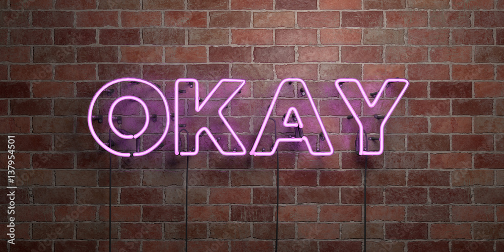 Obraz premium OKAY - fluorescencyjny neon świetlny znak na cegle - widok z przodu - 3D renderowane zdjęcie royalty free. Może być używany do banerów reklamowych online i bezpośrednich przesyłek pocztowych.