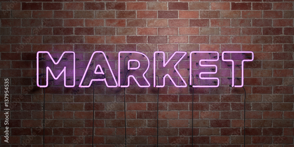 Obraz premium MARKET - fluorescent Neon tube Sign on brickwork - Front view - 3D rendered royalty free stock picture. Can be used for online banner ads and direct mailers..