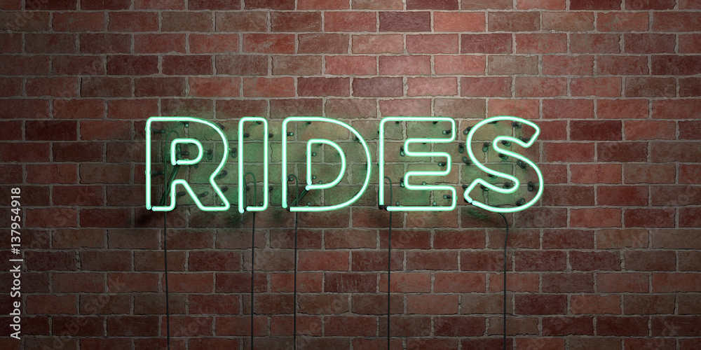 RIDES - fluorescent Neon tube Sign on brickwork - Front view - 3D rendered royalty free stock picture. Can be used for online banner ads and direct mailers.. RIDES - fluorescent Neon tube Sign on brickwork - Front view - 3D rendered royalty free stock picture. Can be used for online banner ads and direct mailers..