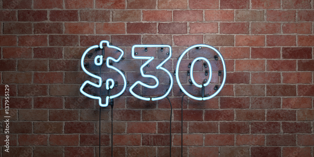 Obraz premium $30 - fluorescent Neon tube Sign on brickwork - Front view - 3D rendered royalty free stock picture. Can be used for online banner ads and direct mailers..