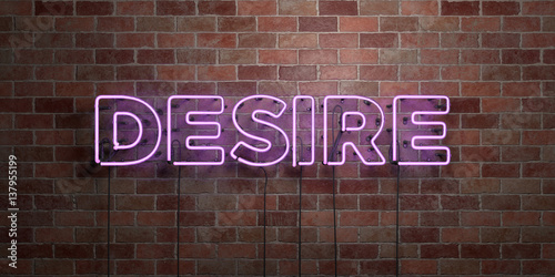 DESIRE - fluorescent Neon tube Sign on brickwork - Front view - 3D rendered royalty free stock picture. Can be used for online banner ads and direct mailers..