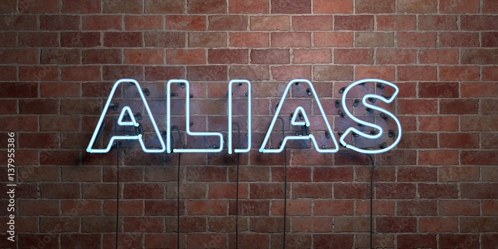 Obraz premium ALIAS - fluorescent Neon tube Sign on brickwork - Front view - 3D rendered royalty free stock picture. Can be used for online banner ads and direct mailers..