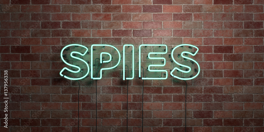 Fototapeta premium SPIES - fluorescent Neon tube Sign on brickwork - Front view - 3D rendered royalty free stock picture. Can be used for online banner ads and direct mailers..