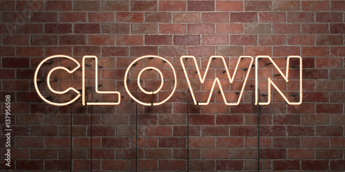 CLOWN - fluorescent Neon tube Sign on brickwork - Front view - 3D rendered royalty free stock picture. Can be used for online banner ads and direct mailers..
