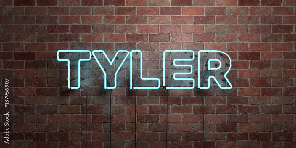 TYLER - fluorescent Neon tube Sign on brickwork - Front view - 3D rendered royalty free stock picture. Can be used for online banner ads and direct mailers.. TYLER - fluorescent Neon tube Sign on brickwork - Front view - 3D rendered royalty free stock picture. Can be used for online banner ads and direct mailers..