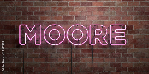 MOORE - fluorescent Neon tube Sign on brickwork - Front view - 3D rendered royalty free stock picture. Can be used for online banner ads and direct mailers.. photo
