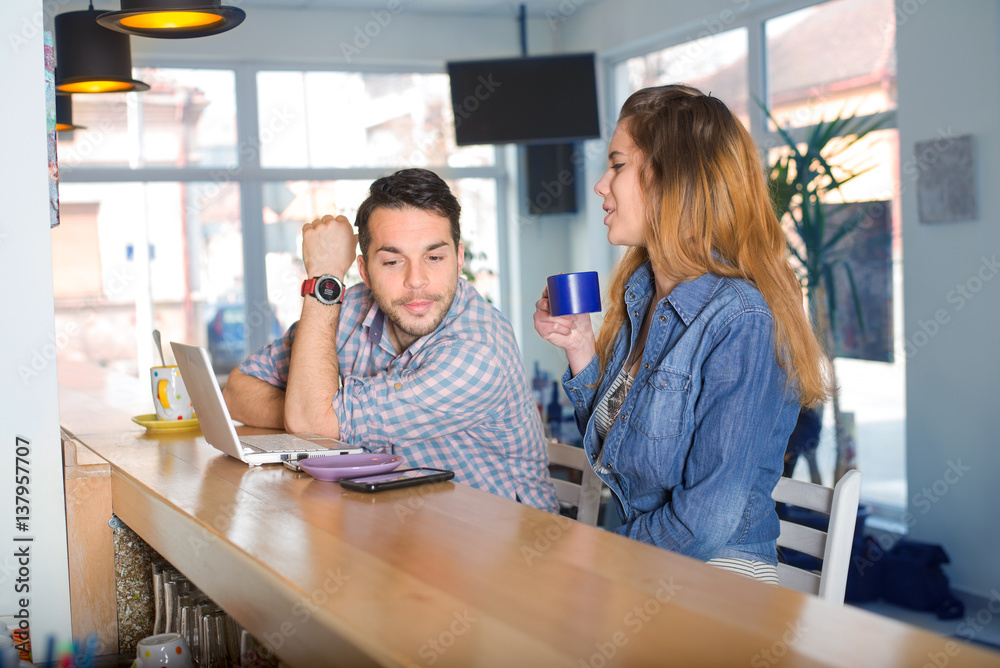 Couple enjoy in caffer restaurat.Colored photo Couple enjoy in caffer restaurat.Colored photo