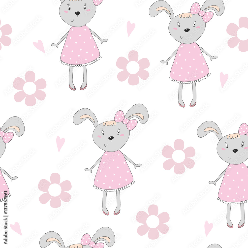 Hand drawn vector pattern of cute bunny in a pink dress. vector illustration Hand drawn vector pattern of cute bunny in a pink dress. vector illustration