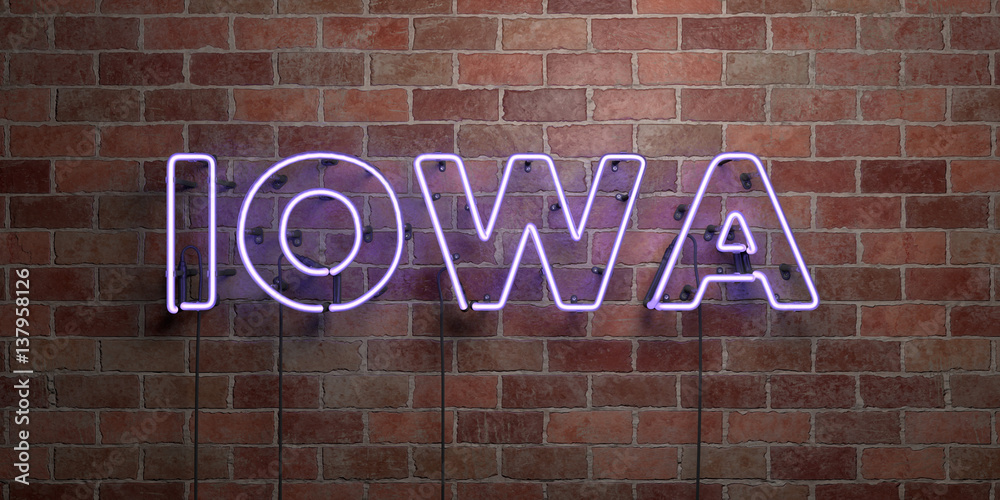 Obraz premium IOWA - fluorescent Neon tube Sign on brickwork - Front view - 3D rendered royalty free stock picture. Can be used for online banner ads and direct mailers..