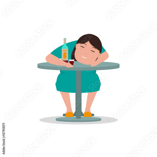 Vector cartoon drunken woman sleeping table