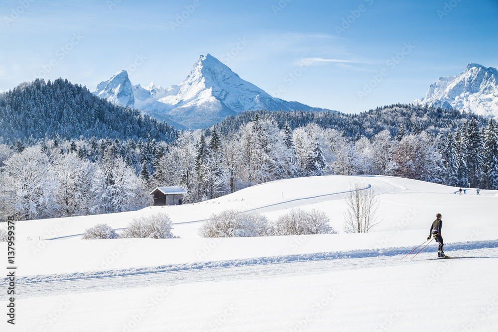 Cross-country skiing in winter wonderland in the Alps