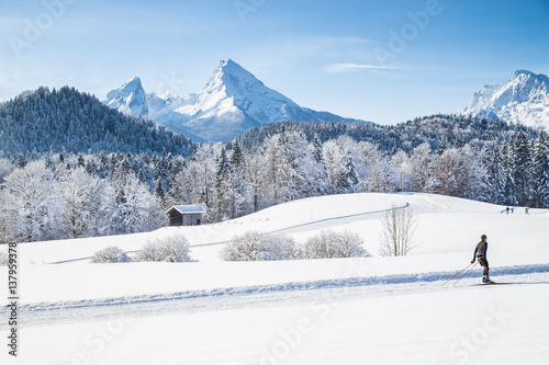Bild auf Leinwand Cross-country skiing in winter wonderland in the Alps