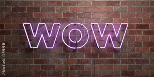 WOW - fluorescent Neon tube Sign on brickwork - Front view - 3D rendered royalty free stock picture. Can be used for online banner ads and direct mailers..