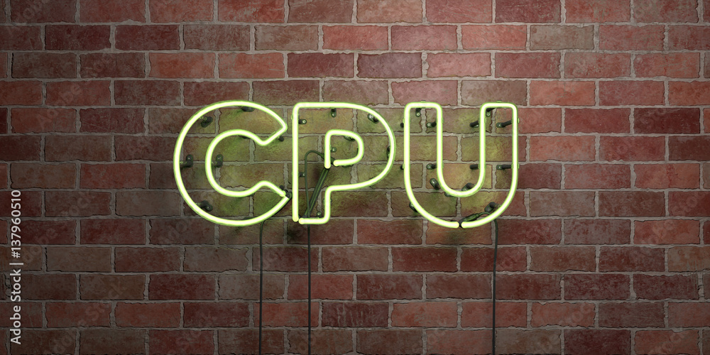 Obraz premium CPU - fluorescent Neon tube Sign on brickwork - Front view - 3D rendered royalty free stock picture. Can be used for online banner ads and direct mailers..
