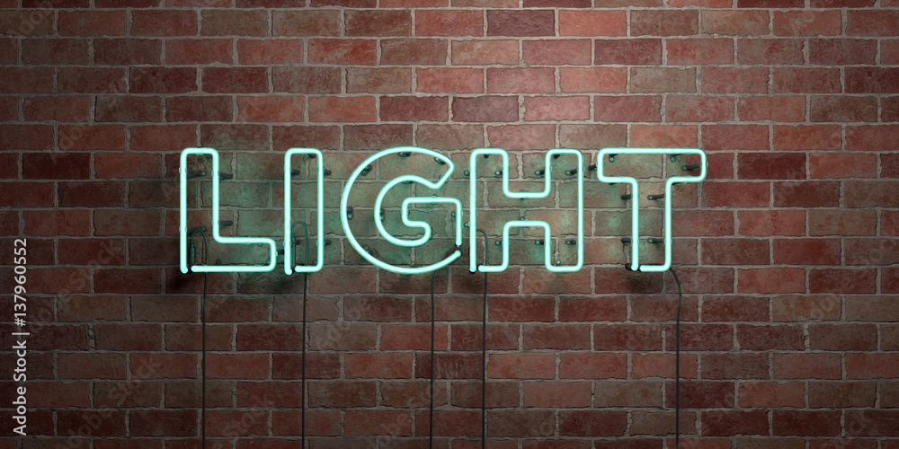 Obraz premium LIGHT - fluorescent Neon tube Sign on brickwork - Front view - 3D rendered royalty free stock picture. Can be used for online banner ads and direct mailers..