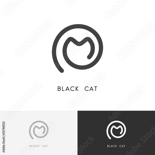Black cat logo - outline kitty or kitten symbol. Vet and pet vector icon.