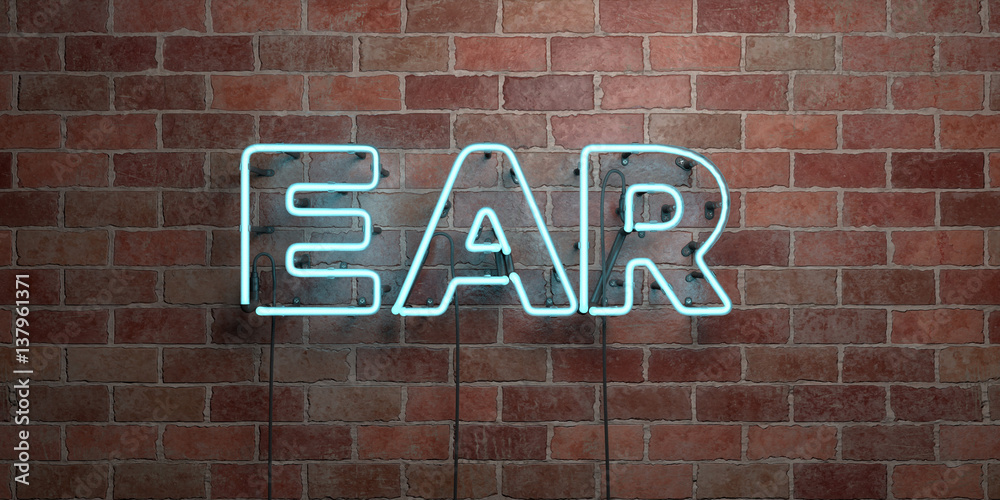 Obraz premium EAR - fluorescent Neon tube Sign on brickwork - Front view - 3D rendered royalty free stock picture. Can be used for online banner ads and direct mailers..