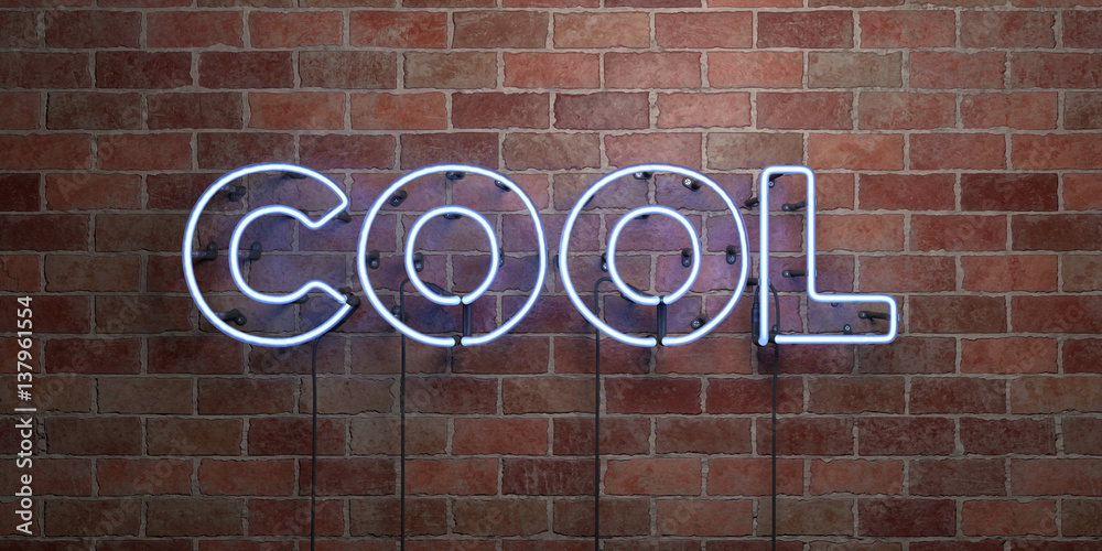 Obraz premium COOL - fluorescent Neon tube Sign on brickwork - Front view - 3D rendered royalty free stock picture. Can be used for online banner ads and direct mailers..