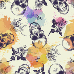 Sierkussen Doodshoofd met bloemen patronen Schedels met rozen en kleurvlekken  © FoxyImage