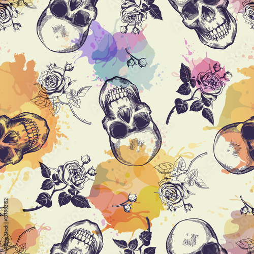 Fototapeta Naklejka Na Ścianę i Meble -  Seamless pattern with skulls and rose flowers drawn in engraving style and translucent colorful blots. Modern and trendy backdrop. Vector illustration for wallpaper, fabric print, poster, flyer.